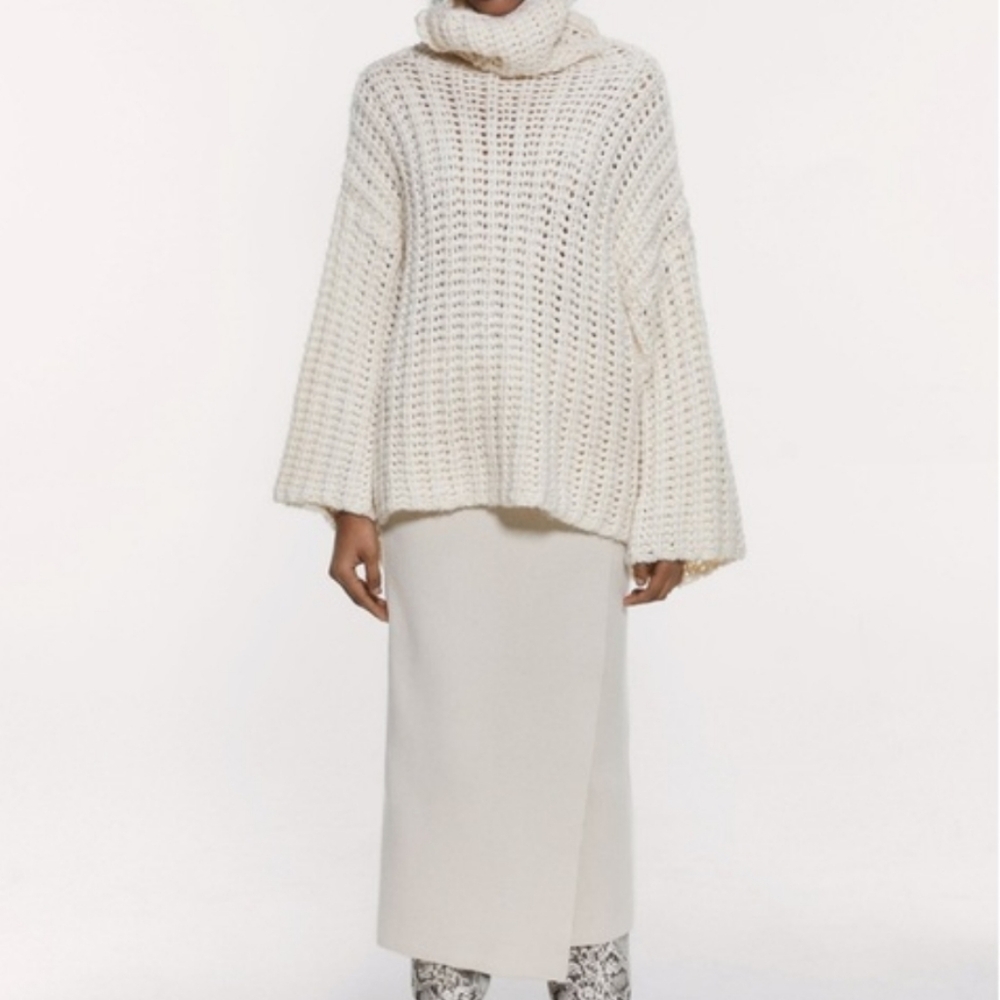 Zara Ecru Chunky Knit High Neck Turtleneck Tunic Oversized Sweater Size Small